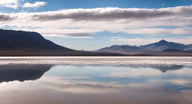 salar de uyuni, lago salato con nuvole che si specchiano nella salina, in lontananza delle montagne, sensazione di calma e tranquillità