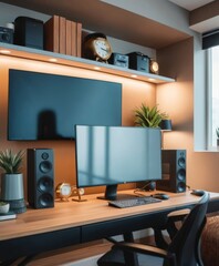 An organized home office space with a large monitor, speakers, and ambient lighting. The warm tones and neat arrangement suggest a comfortable and productive environment. AI generation