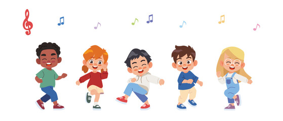 Cute Kids boy and girl dancing together happily.Vector illustrations Isolated on white background