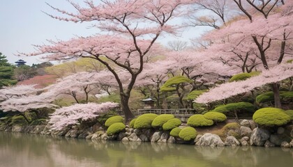 Pink blossom branches in full bloom in Spring, Kyoto Gyoen Garden