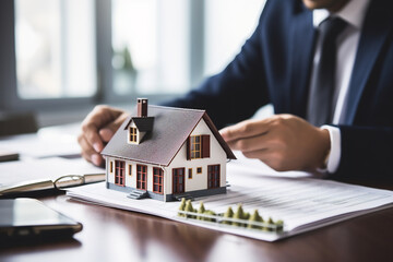 Real Estate Agent Presenting a Model Home, Concept of Property Ownership and Investment on a Wooden Desk Background