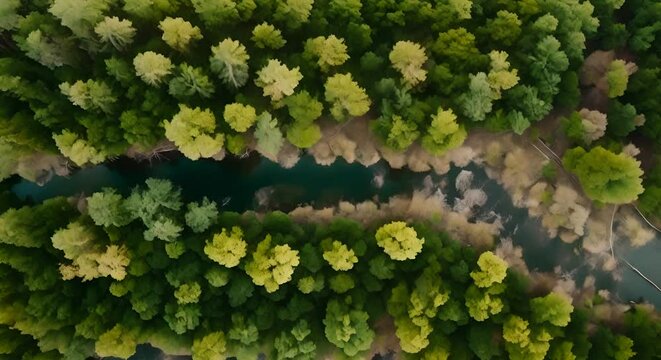 diche veduta aerea di foresta di conifere , panorama rilassante di alberi visti dall'alto, Volo su una valle di alberi  verdi  , fiume sinuoso in mezzo
