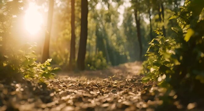 raggi di sole che penetrano nella foresta, leggera nebbiolina data dall'umidità, sfondo mistico della natura, sentiero visto dal basso in mezzo a foglie e muschio della foresta