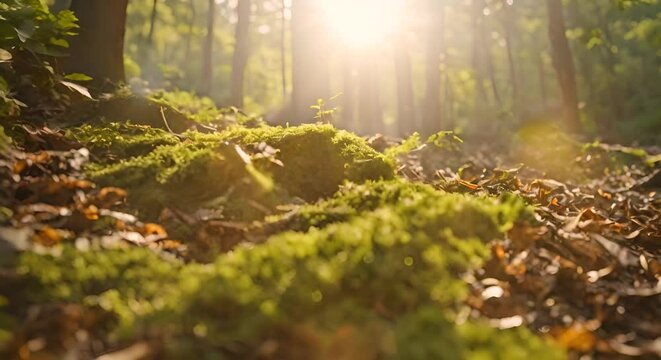 raggi di sole che penetrano nella foresta, leggera nebbiolina data dall'umidit&agrave;, sfondo mistico della natura, sentiero visto dal basso in mezzo a foglie e muschio della foresta