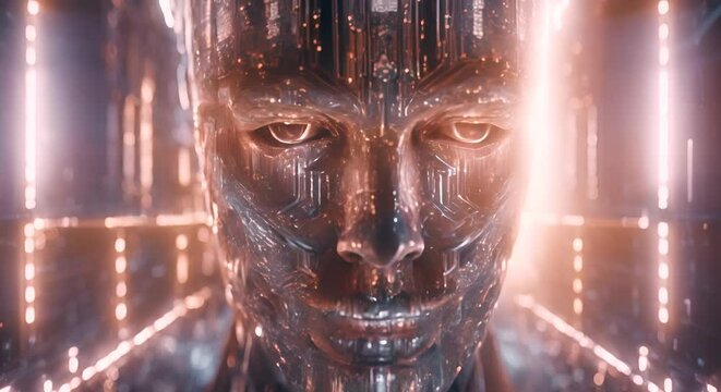 viso digitale  umano astratto  che rappresenta l'intelligenza artificiale,  concetto di sicurezza informatica tramite l'AI, donna cibernetica con sfondo luminescente di dati