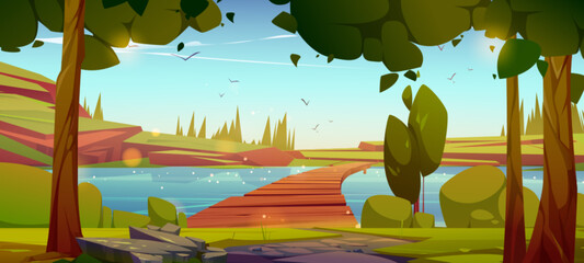 Wooden bridge over river or lake with green grass and trees on banks, hills with ground and rock cliffs on sunny summer day. Cartoon vector natural landscape with footbridge over pond or stream.