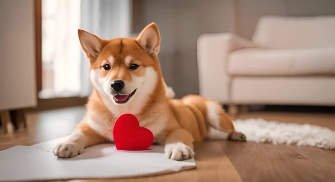grosso cane tipo akita con un cuore rosso tra le zampe sul tappeto di casa, amore 