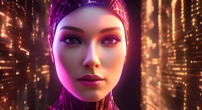viso digitale  umano di donna che rappresenta l'intelligenza artificiale,  concetto di sicurezza informatica tramite l'AI, donna cibernetica con sfondo luminescente di dati