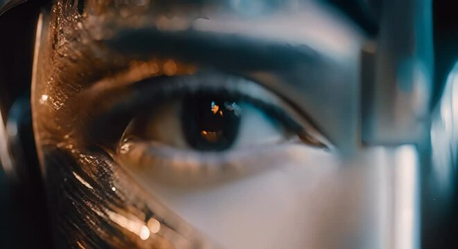 occhio  digitale  umano di donna che rappresenta l'intelligenza artificiale,  concetto di sicurezza informatica tramite l'AI, donna cibernetica con sfondo luminescente di dati
