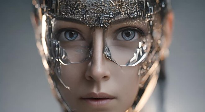 donna cyborg , AI,  sicurezza informatica tramite l'AI, donna cibernetica con sfondo luminescente di dati