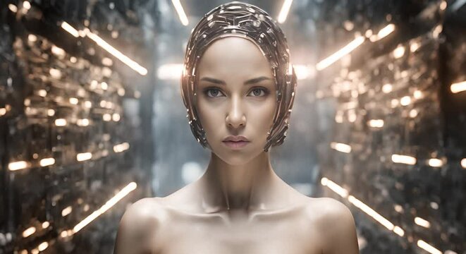 viso digitale  umano di donna che rappresenta l'intelligenza artificiale,  concetto di sicurezza informatica tramite l'AI, donna cibernetica con sfondo luminescente di dati