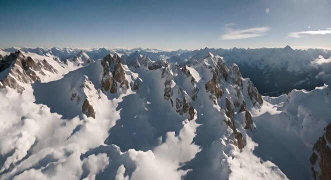 veduta aerea delle cime innevate di una catena montuosa, rocce, giornata soleggiata, senso di pce e relax, magnificenza della natura

