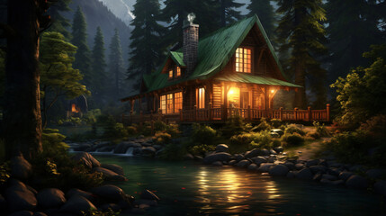 A cozy cabin in the woods surrounded by nature.
