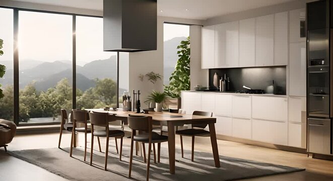 rendering 3d di soggiorno e cucina a vista , ampie finestre sul giardino, pavimento lussuoso in parquet , tavolo da prazno di legno e sedie in pelle