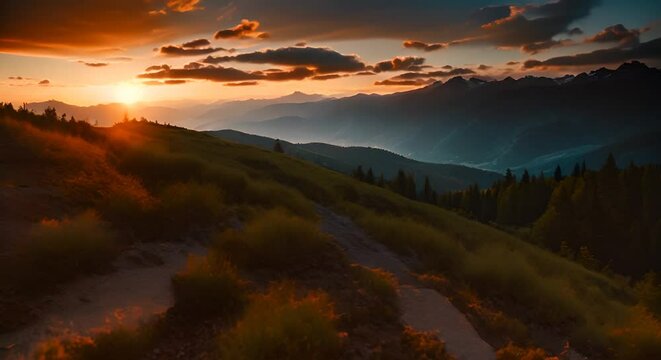 timelapse di tramonto sulle montagne, con nuvole che scorron veloci e leggera nebbiolina che avanza