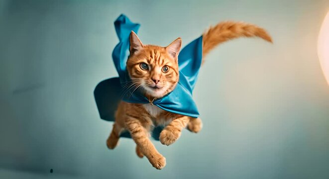 Gatto surreale con 5 zampe che fluttua nel vuoto su sfondo azzurro, il gatto ha un mantello da supereroe 