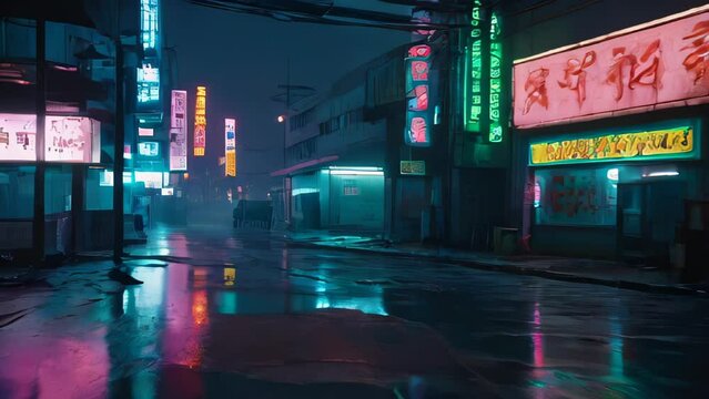 Nighttime scene of rain pouring down on the streets of Tokyo. Raindrops reflect light off buildings lined with neon signs, creating a dreamlike atmosphere. 