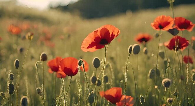 campo di papaveri primaverili, con lieve brezza , sensazione di calma e serenit&agrave;, primavera