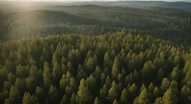 veduta aerea di foresta di conifere , panorama rilassante di alberi visti dall'alto, Volo su una valle di alberi verdi. 