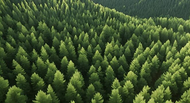 veduta aerea di foresta di conifere , panorama rilassante di alberi visti dall'alto, Volo su una valle di alberi verdi. 