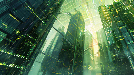 A cybernetic cityscape where skyscrapers are connected