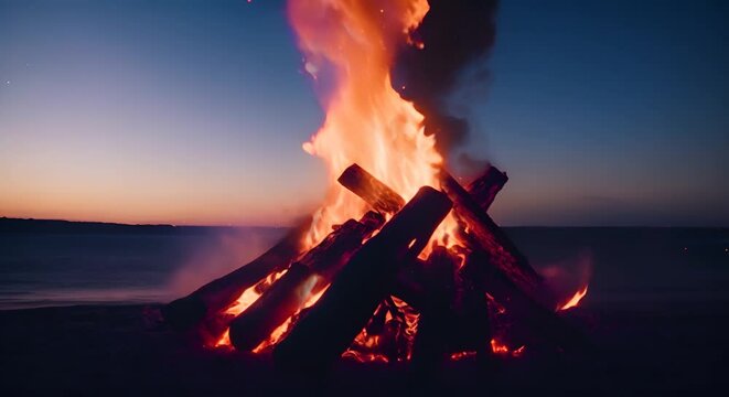 primo piano di legna che arde in loop , fal&ograve; con legna incendiata al tramonto su sfondo sfocato,