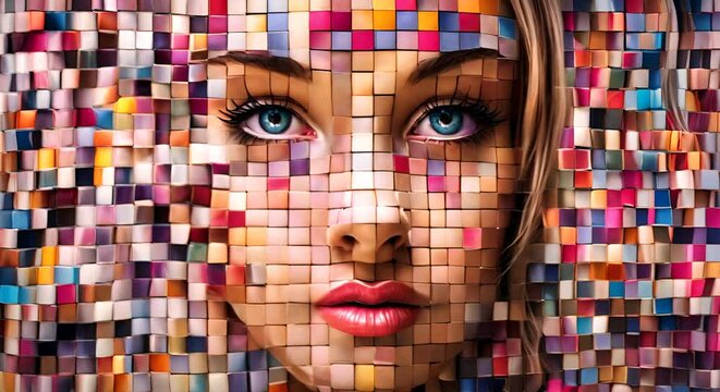 viso di donna dagli occhi azzurri fatto con pezzettini di mosaico, concetto di futuro e intelligenza artificiale antropomorfa
