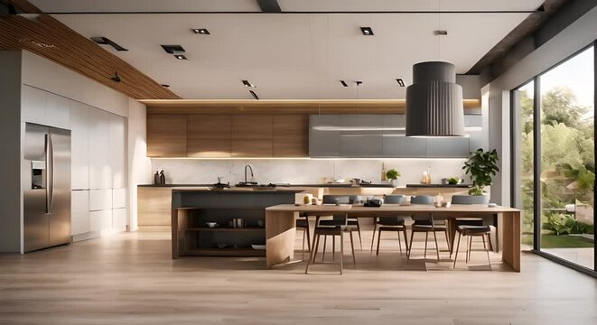 rendering 3d di soggiorno e cucina a vista , ampie finestre sul giardino, pavimento lussuoso in parquet , tavolo da prazno di legno e sedie in pelle