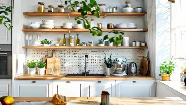 Kitchen interior with wooden shelves, kitchenware and plants.