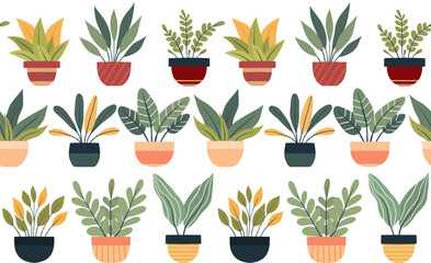 Vector flat pattern with house plants in various pots on a white background. Hobby greenhouse. Texture with illustration of greenery in flowerpots for wrapping paper, wallpaper. - 763784503