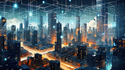 A cybernetic cityscape where skyscrapers are connected