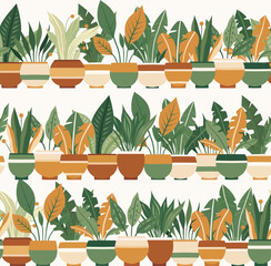 Vector pattern with house plants in various pots on shelves on a white background. Texture with horizontal borders with flat illustration plants for wrapping paper, wallpaper. Hobby greenhouse - 763784706