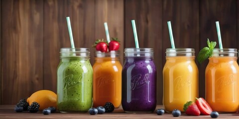 A colorful array of smoothies in glass jars with eco-friendly straws are lined up against a rustic wooden backdrop. Each smoothie boasts a different hue, representing a variety of flavors and
