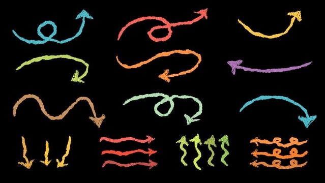 Set of colorful hand drawn style with crayon brush pointer animation transparent background. Variety of doodle charcoal arrows footage video. Freehand different sketch curved swirls lines 4K animate. 