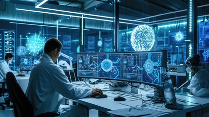 Scientists in a lab are using display devices and engineering to work on computers, exploring fonts and electric blue. They also share entertainment and art, while dealing with darkness in their job