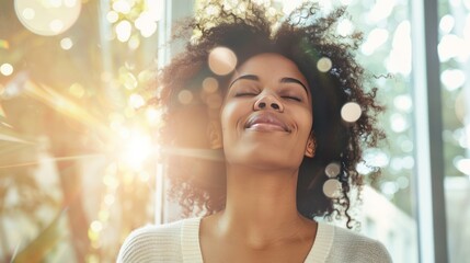 Happiness, joy, thinking positive, having good thoughts in mind. Black skin woman head in the sunshine. Mental health concept.