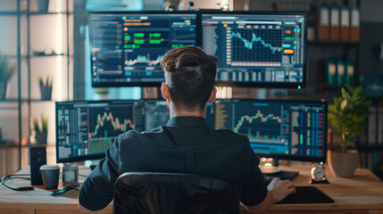 Fototapeta premium Back view of businessman analyzing financial data on multiple computer screens in modern office