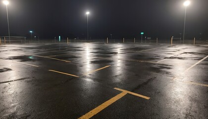 Empty parking lot after the rain at night