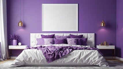 Mock up poster frame in purple bedroom interior. Girly Interior design. 3d render