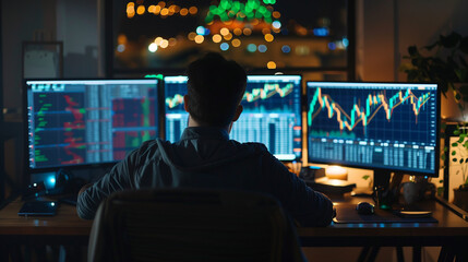 Trader in contemplation analyzing stock market trends on computer monitors in a home office. - obrazy, fototapety, plakaty