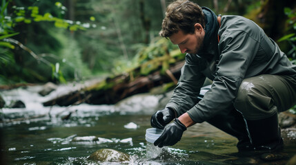 Environmental scientist collecting water samples in forest stream. Ecological research and water quality testing concept. Design for environmental studies, report, education.