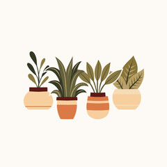 Vector cozy illustration of home plants in clay pots in flat style. Composition of flowerpots in gentle beige colors. Home hobby and flower shop.