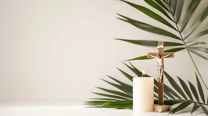 palm leaves, jesus cross and candles on the wall.