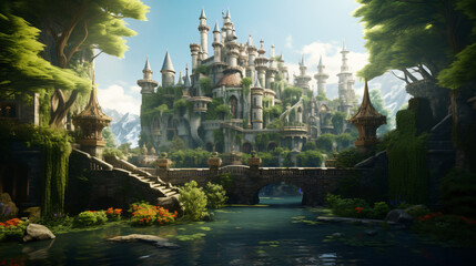 A fantasy castle surrounded by a moat and lush gardens - obrazy, fototapety, plakaty