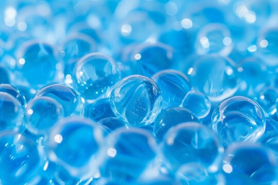 Macro of blue gel balls. Watery polymer hydrogel background. Generative AI