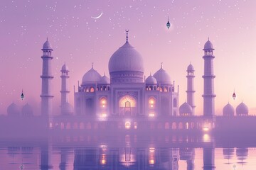 Fototapeta na wymiar light purple wallpaper desktop with white mosque and small islamic lantern floating on top 