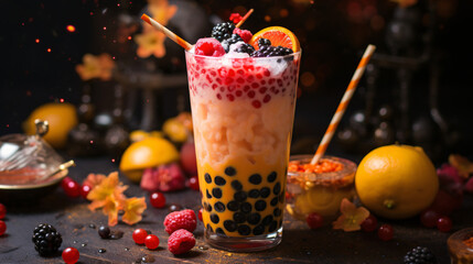A fruity and colorful bubble tea with tapioca pearls.