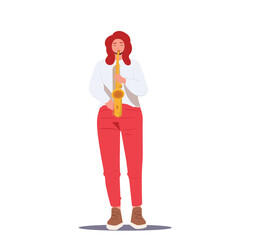A pretty sad little lady wearing stylish longsleeve white shirt standing isolated over white background wall playing saxophone. Cartoon Vector illustration