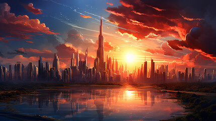A futuristic cityscape at sunset with the sky ablaze - obrazy, fototapety, plakaty