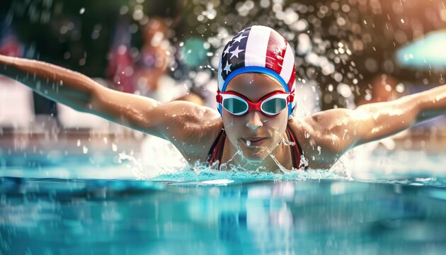 Professional Swimming Athlete in action front angle view under and over water, aerobic swimmer, proudly represent and wearing the United States flag pattern on head covering and swim goggles